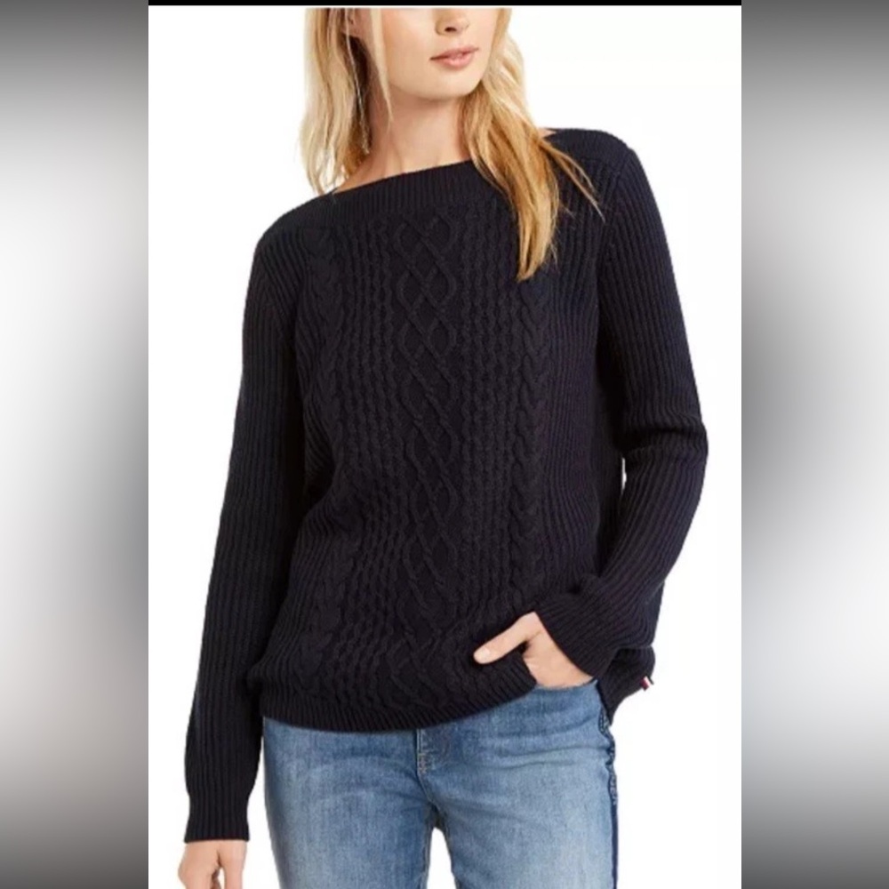 Tommy Hilfiger Boatneck Sweater Women's Medium Preppy Cotton Cableknit Pullover